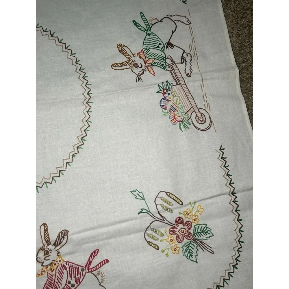 Vintage Embroidered Bunny Easter Egg Blue Flower White Small Tablecloth
